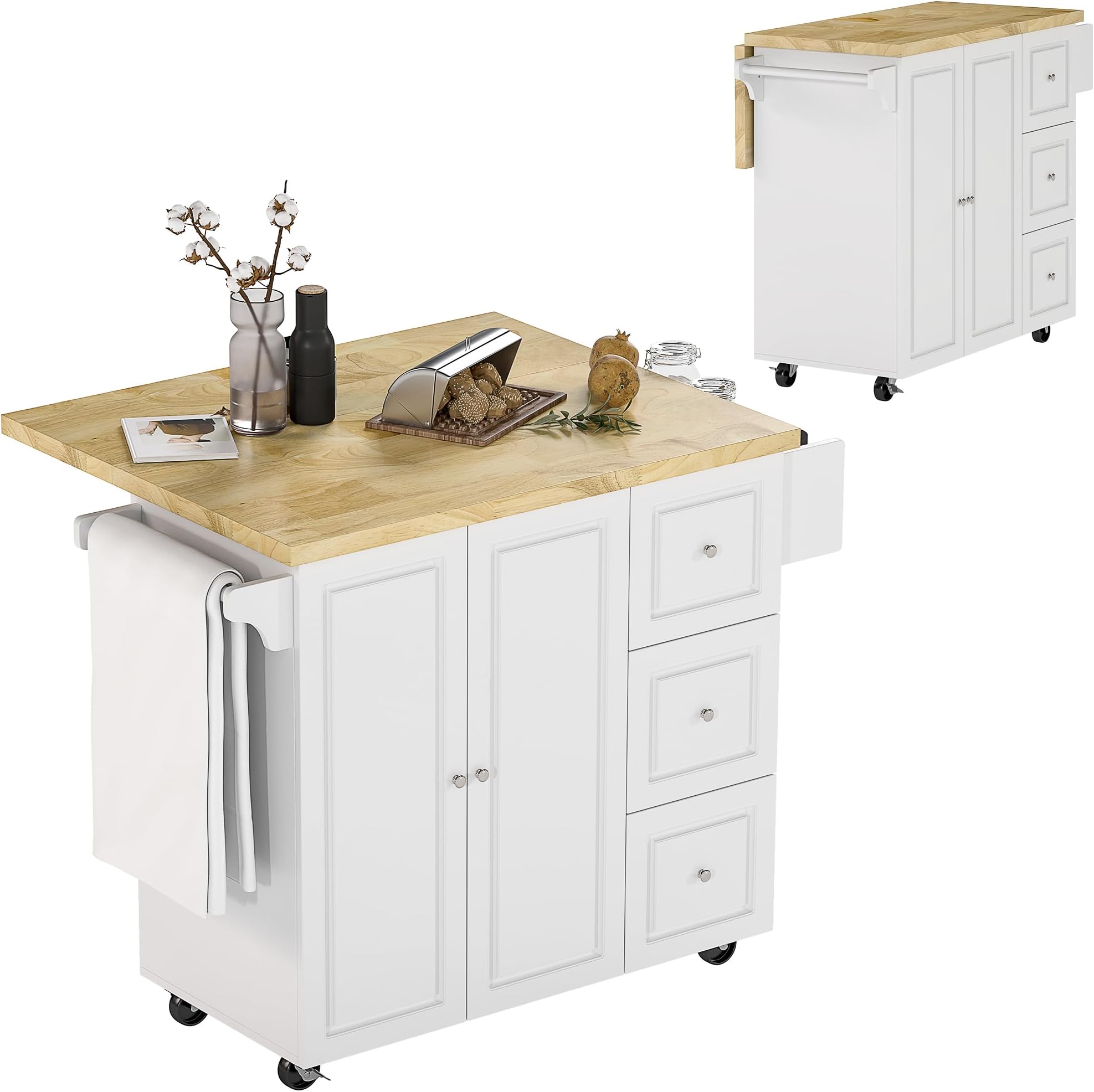 HOMCOM Kitchen Island on Wheels, Wooden Rolling Kitchen Storage Trolley with Drop Leaf, Rubber Wood Top, Drawers, Adjustable Shelf, Towel and Spice Rack for Dining Room, White