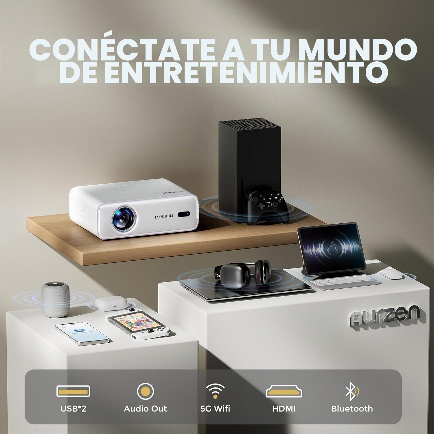 Proyector 4K Soporte【Oficial NetfIix/Auto Focus/Keystone/DoIby Audio】 AURZEN Eazze D1 Proyector Full HD 1080P Nativo, con Bluetooth y Wi-Fi, con una Aplicación Incorporada Youtube/Prime Video