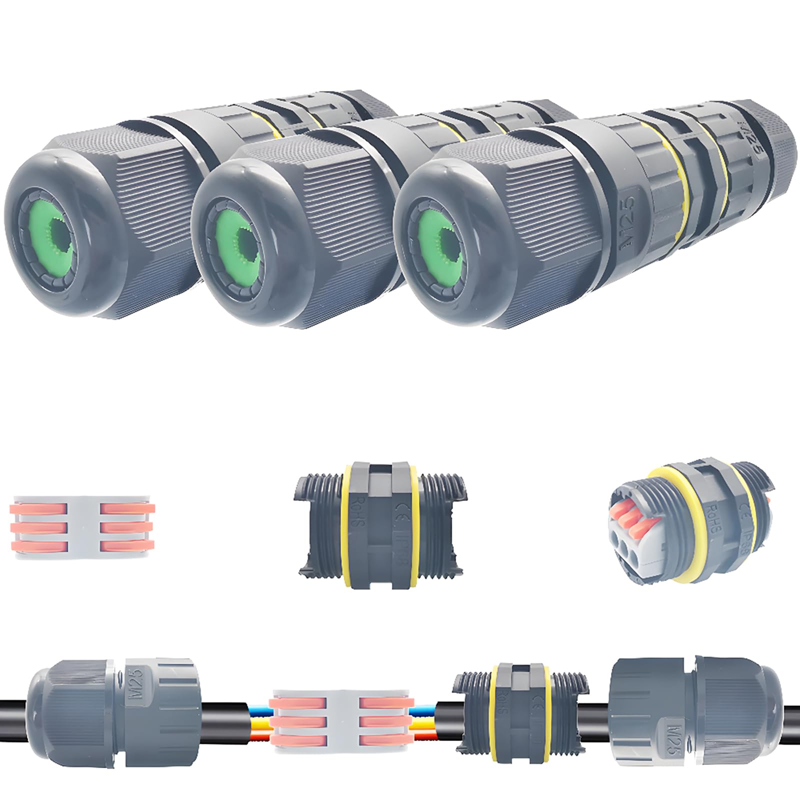 Cable Connectors IP68, Dujelixa M25 Waterproof Junction Box Outdoor, 2/3 - Way Line Extension Electrical Cable Connector, Wire Range 6-11mm, Power Cord External Sleeve Coupler, Electrical Box(3 Pcs)