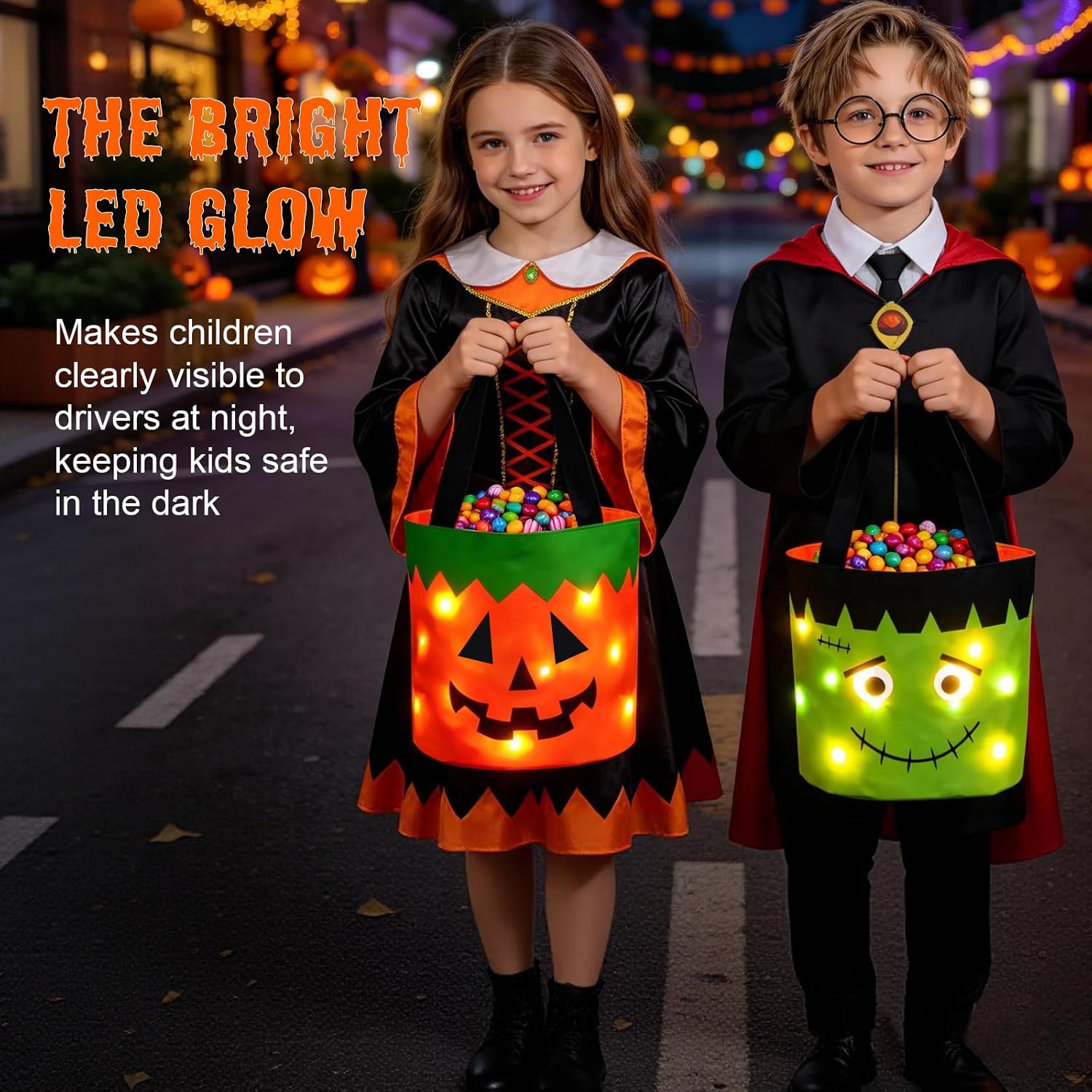 Halloween Trick or Treat Candy Bags LED Light Up Pumpkin Bucket, Collapsible Reusable Candy Basket, Fabric Gift Goody Bags for Kids Halloween Party (Green+White)