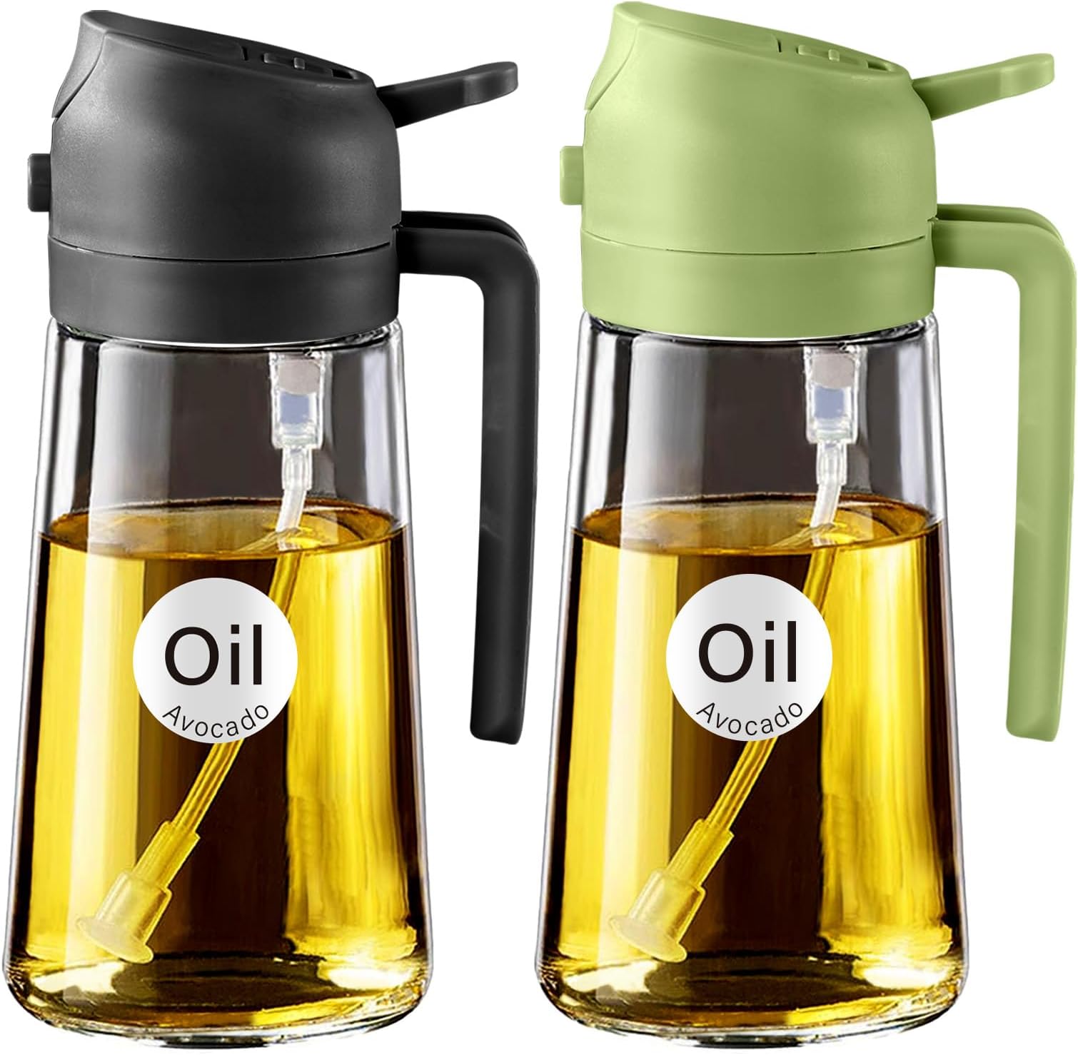 YARRAMATE Olive Oil Dispenser Bottle for Kitchen，2 in 1 Oil Sprayer Glass Bottle for Cooking, 470ml with Pourer, Food-grade Mister for Air Fryer, Salad (Black & Green)