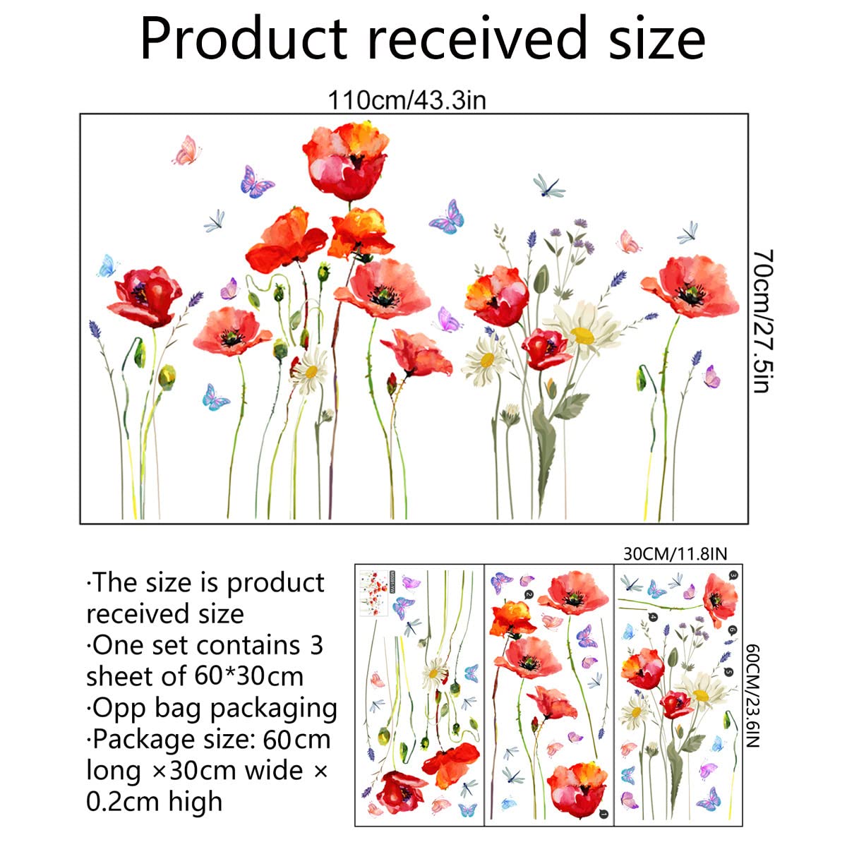 Adesivi Murali Papaveri Rossi Con Farfalle - Decorazione Pareti Per Camera Letto, Soggiorno E Cameretta Bambini - Foto 3