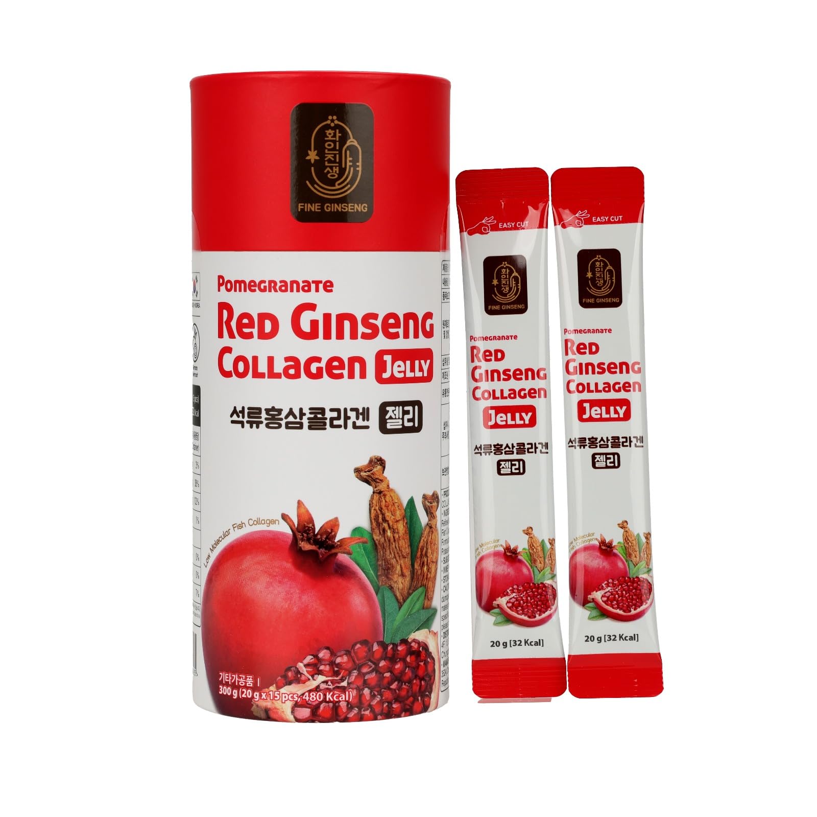 Food Factor Red Ginseng Collagen Jelly Pomegranate 15's - Korean Red Ginseng, French Marine Collagen 1000mg, Turkish Pomegranate & Beetroot Jelly Sticks for Skin, Hair, Nails & Vitality, 300g