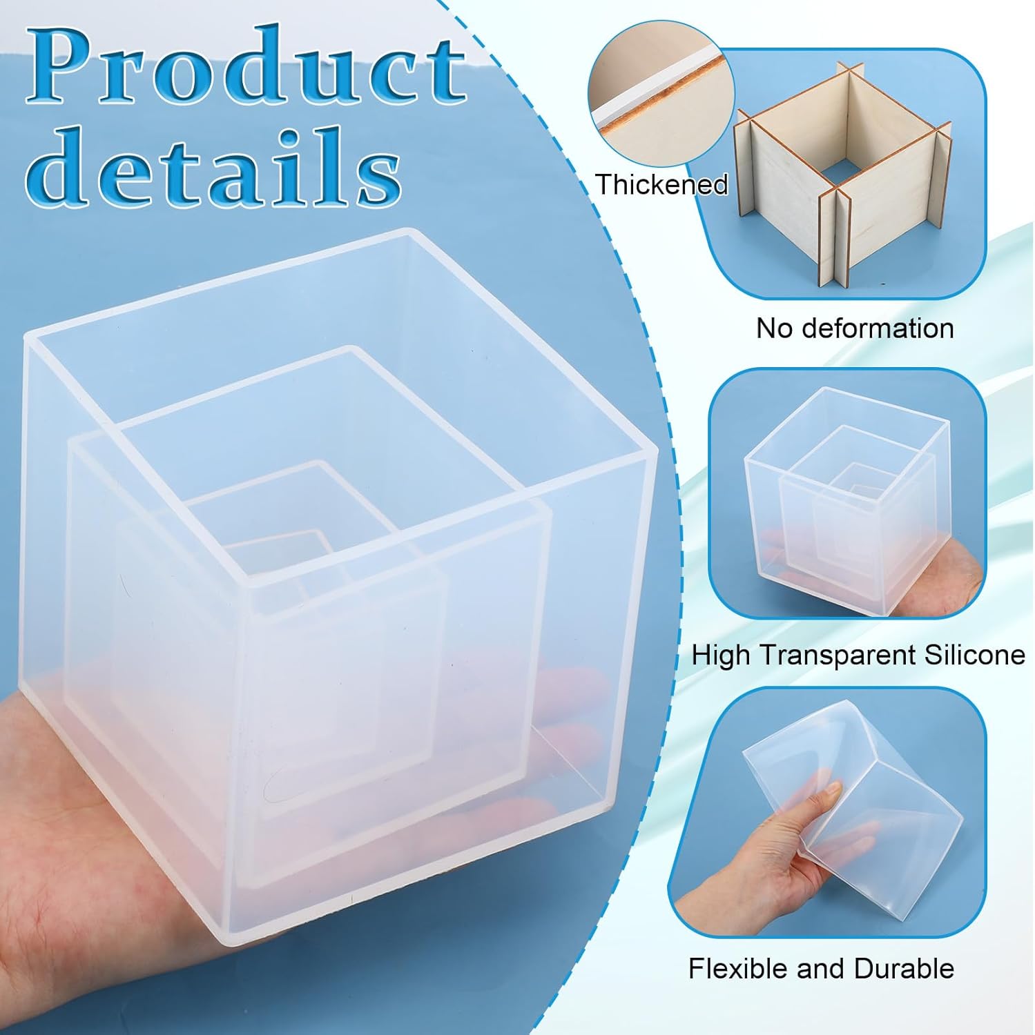 6 Pack Large Cube Resin Molds 6 Sizes Clear Silicone Square Molds 4/3/2/1.5/1/0.5 Inch Deep Square Mold Transparent Silicone Mold for Resin Casting Flower Preservation