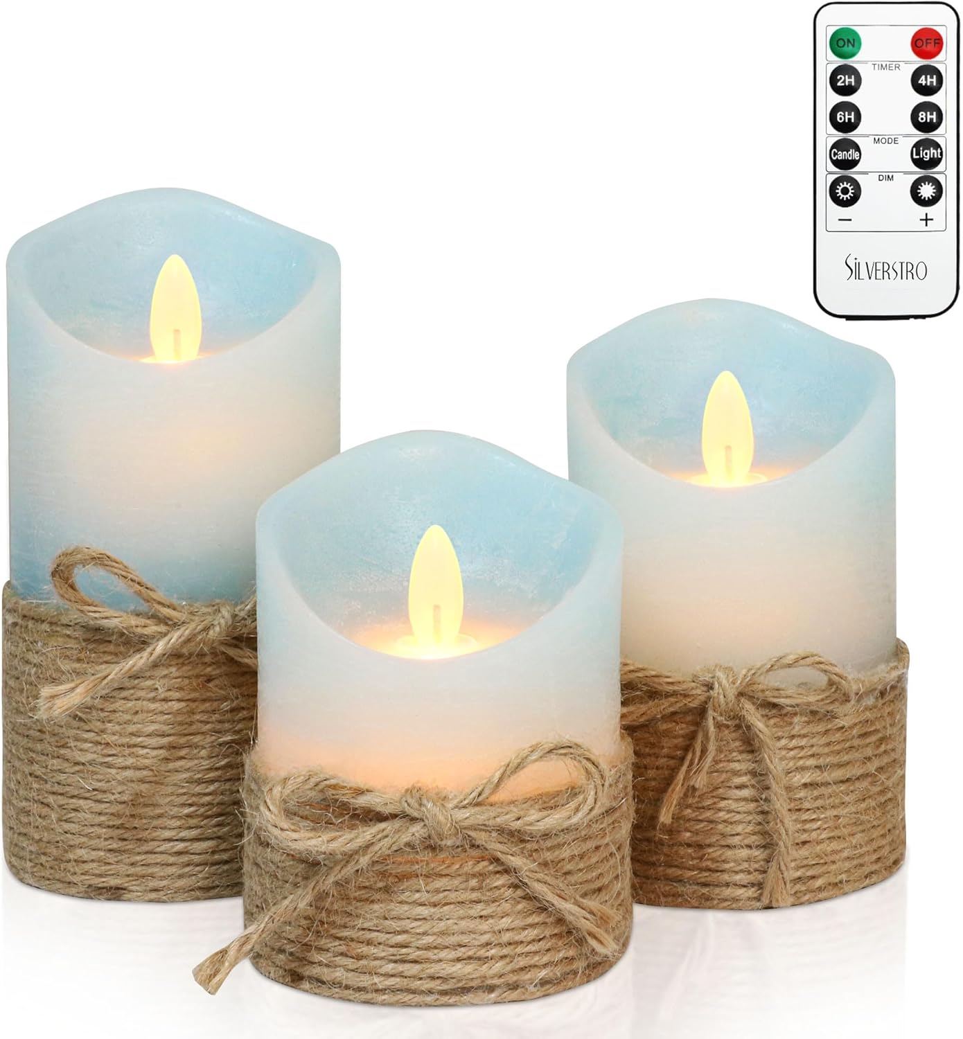 Silverstro Nautical Decor Ocean Blue Flameless Candles with Remote - Home Farmhouse Easter Spring Decorations - Set of 3 (D3.11 X H4 5" 6")