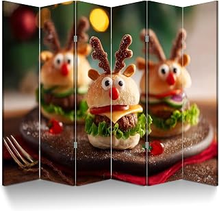 6 Panel Room Divider Screen Holiday Dinner Folding Privacy Screen Canvas Wall Divider Wood Room Separator Portable Freestanding Partition 6Ft