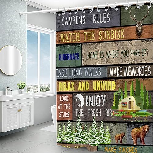 Miniatura 4 de Cortina de ducha de 60 x 72 pulgadas, con reglas de campamento, cabeza de alce, oso, caravana, remolque, campo, bosque, cortina de baño con tablones