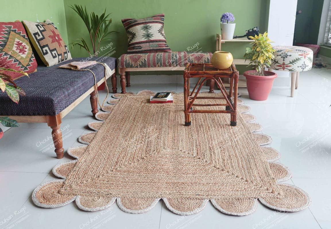 Chouhan Rugs Natural Jute Scalloped Area Rugs Handwoven Boho Indoor Farmhouse Braided Rug for Livingroom, Bedroom, Kitchen (White-N5, 2x3)
