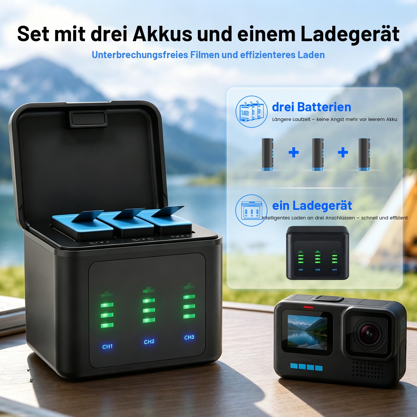 3er-Pack 2026 Upgrade 2580 mAh Hero 12 Akku und LED 3-Kanal-USB-Ladegerät, Hochleistungsakku für GoPro Hero 12/11/10/9 Black Enduro wiederaufladbare Kameras mit Typ-C-Datenkabel