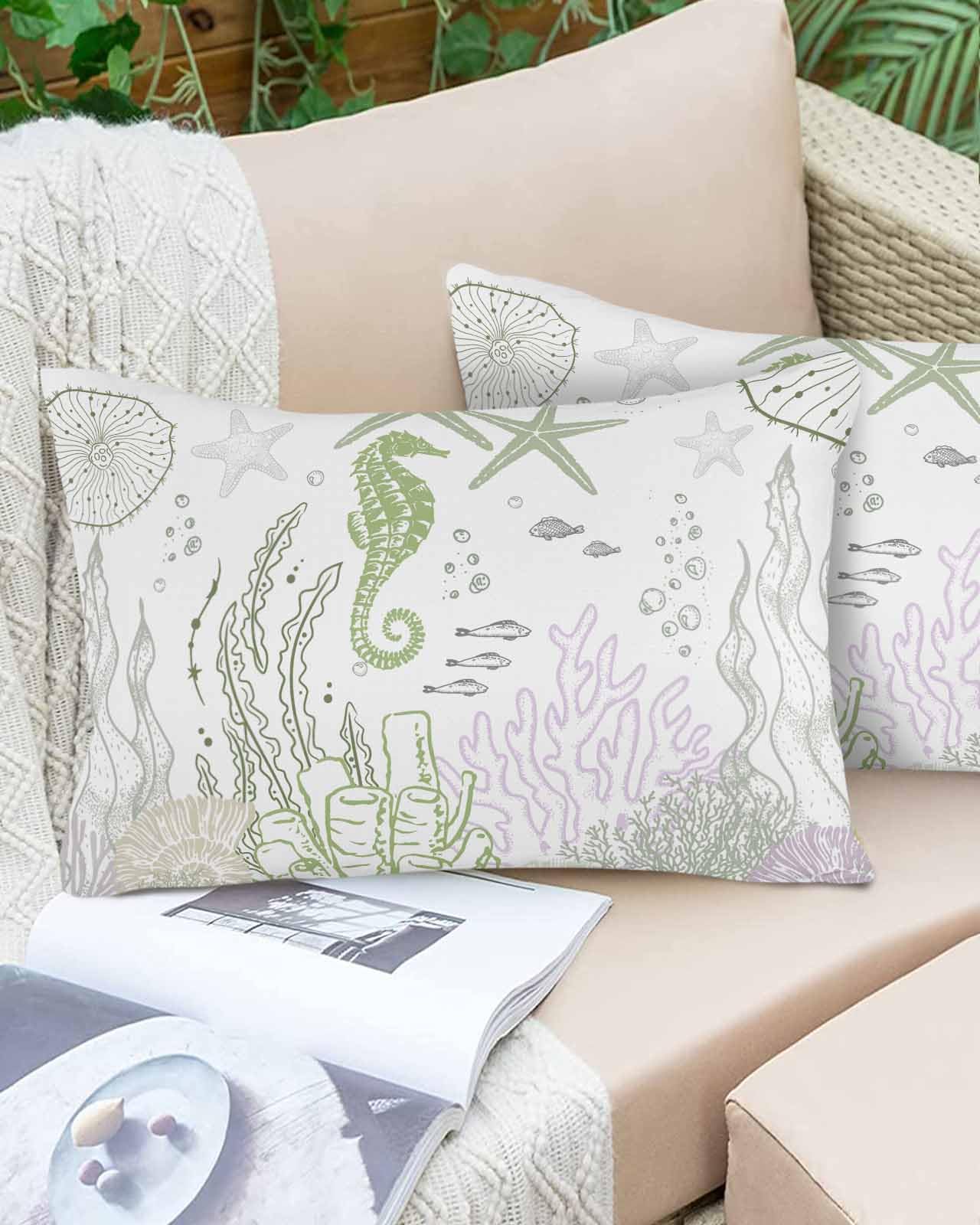 Boanket Lumbar Pillow Covers 12 x 20 In, Sage Green Coastal Waterproof Throw Pillow Cover Set of 2, Nautical Summer Beach Starfish Coral Home Decorative Rectangle Cushion Covers for Patio/Couch/Garden