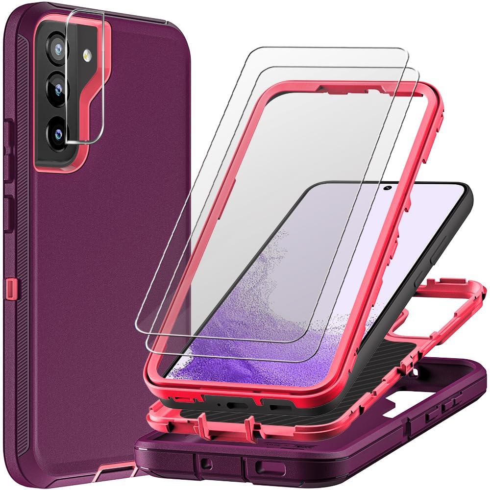 TFDSEUGH for Samsung Galaxy S22 Case with 2Pcs Tempered Glass Screen Protector and 1Pcs Camera Lens Protector, 3 in 1 Heavy Duty Shockproof/Drop Proof