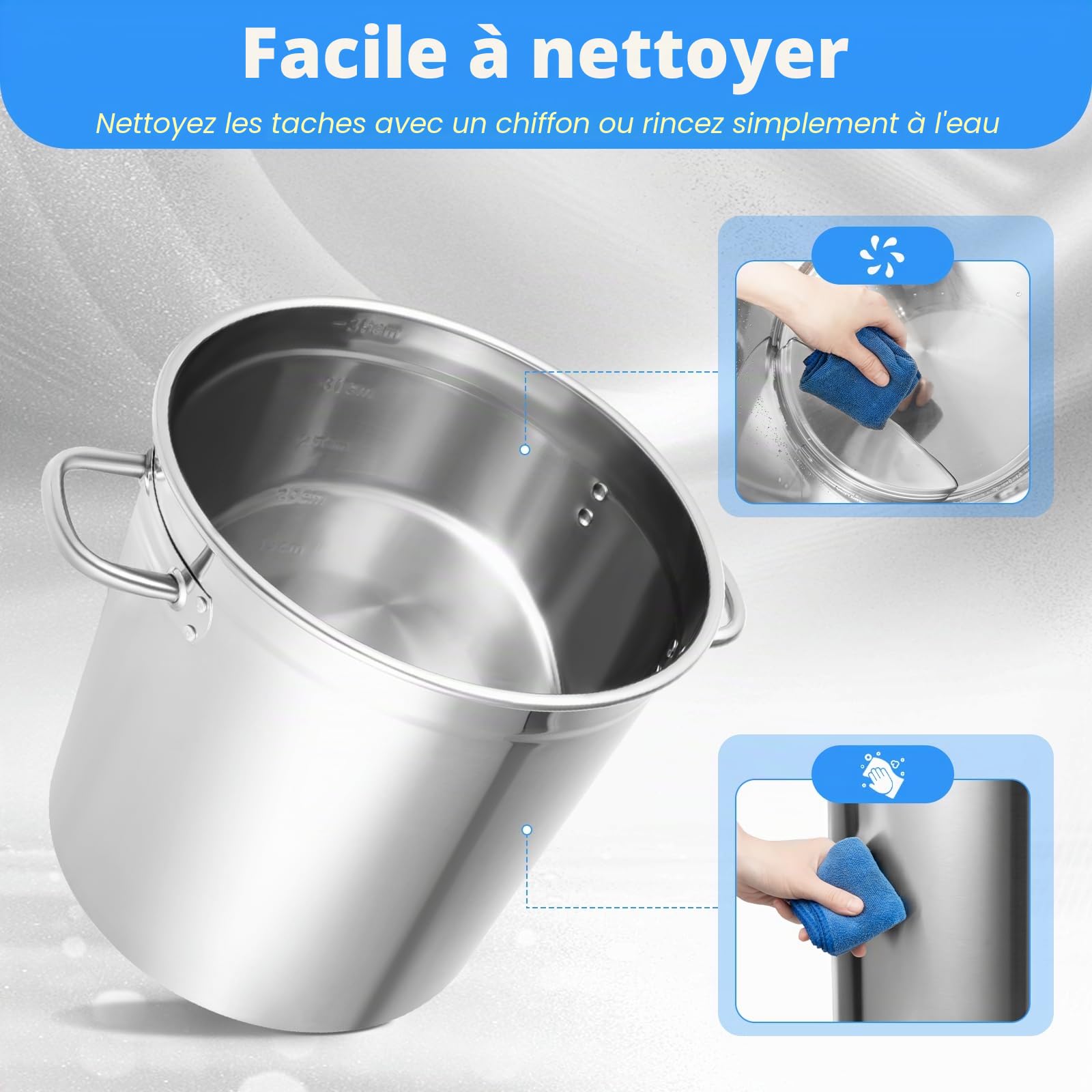 Marmite Traiteur en Acier Inoxydable 35L, Marmite Traiteur avec Couvercle, Trou Vapeur, Poignées Métal - Tous Feux dont Induction - Triple Fond Diffuseur, Argenté Epaisseur 3cm