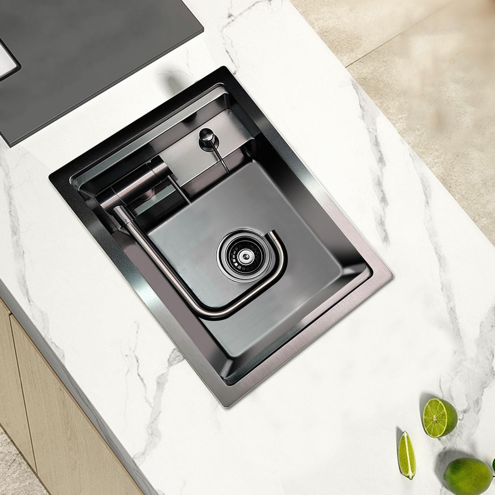 Évier de bar de cuisine dissimulé caché avec robinet pliable, évier de bar de station de travail encastrable en acier inoxydable dissimulé pour petite préparation véhicule récréatif (noir, 35 x 45 x