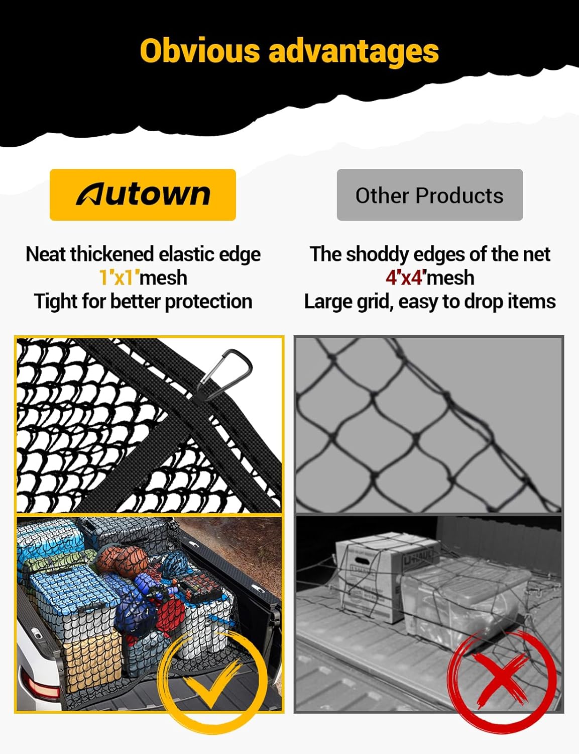 AUTOWN Cargo Net for Pickup Truck Bed - Stretchable 4'x4' to 7'x7', High Elastic Fine Mesh 1''x1'' with 8 Metal Carabiners - Ideal for ATV, SUV, UTV, Truck and Boat Use (Double Layer)