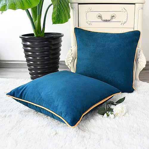 Miniatura 6 de CaliTime Juego de 2 fundas de cojín decorativas de gamuza sintética súper suaves con borde dorado con ribete dorado para sofá, cama, sofá, granja,