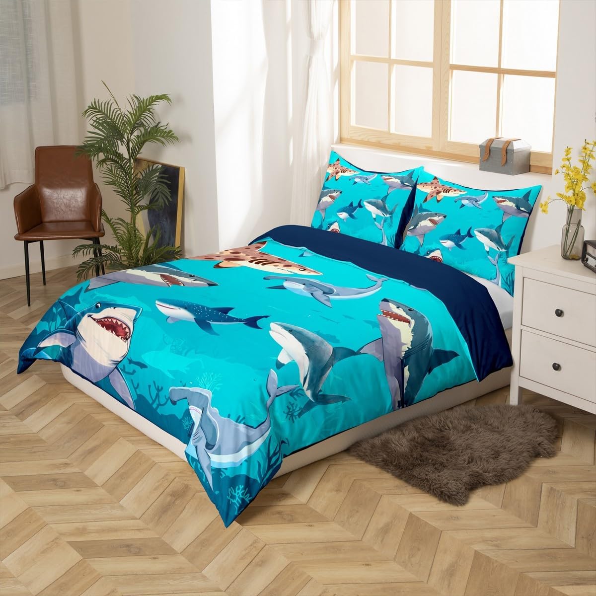 jejeloiu Shark Duvet Cover Toddler Size Kids Ocean Sea Animal Comforter Cover Set for Boys Girls Teens Sea Underwater World Bedding Set Breathable Marine Bedspread Cover Aquatic Animal Quilt Cover