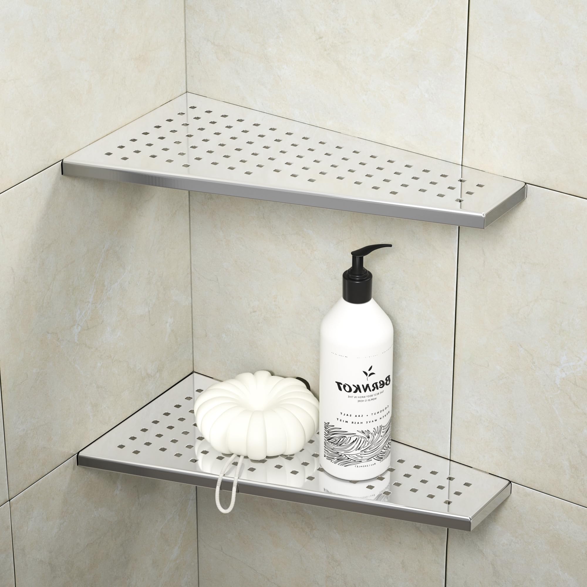 Bernkot Corner Shower Shelf 12" Polished 304 Stainless Steel Recessed Trapezoid Grout in Shelves with Grid Design Bathroom Shelf Racks for Tiled Wall,