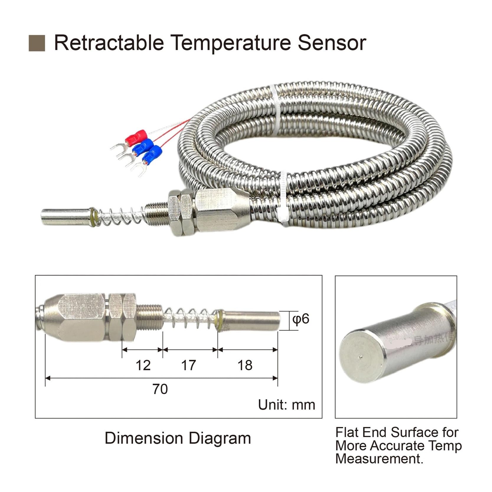 temperaturfühler 1 Stück PT100-Temperatursensor RTD-Sonde zur Messung der Motorlageroberfläche, Flexibles Metallschlauchdesign(M8-0.75mm 3m)