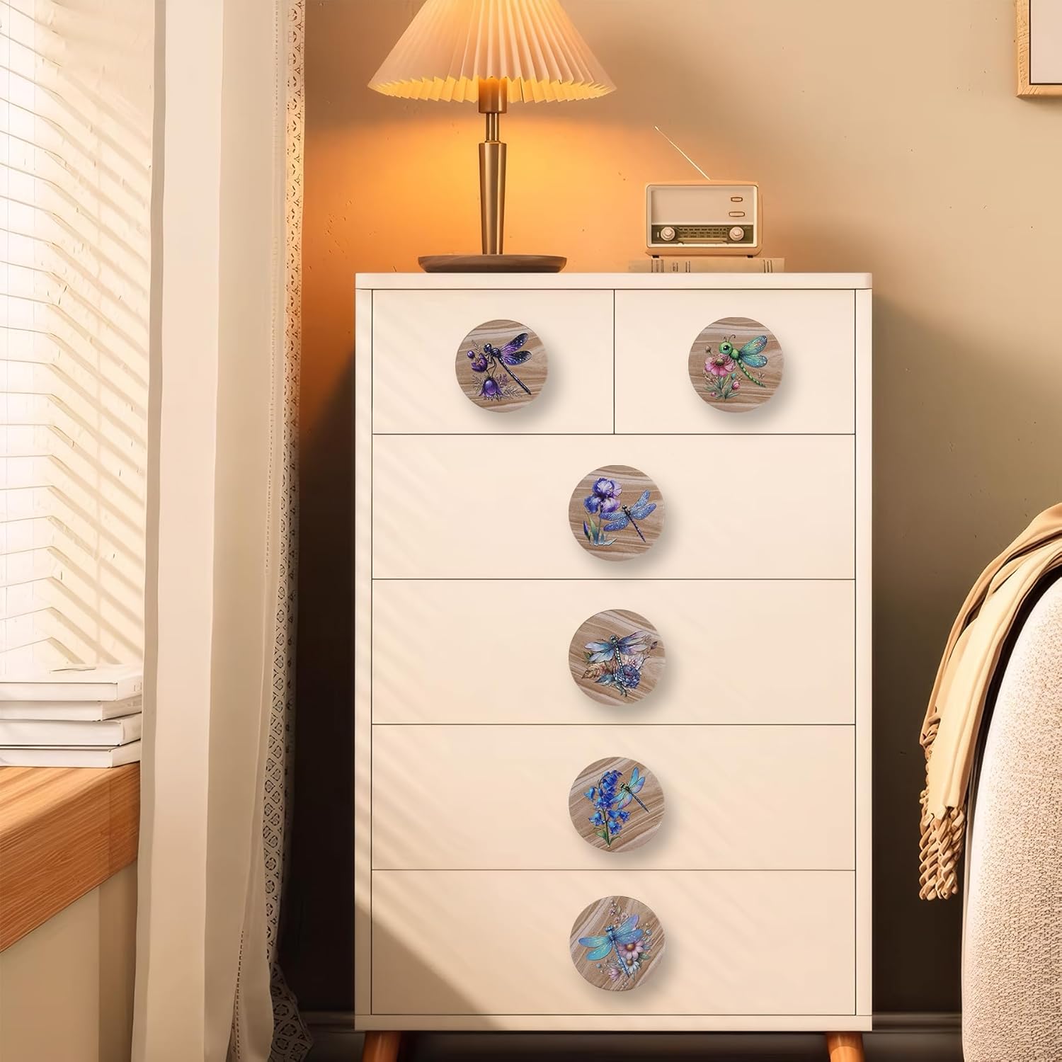 JamJam Set of 8 1.8" Wooden Dragonfly Knobs Farmhouse Unique Cabinet Kitchen Decorative Dresser Drawer Knobs Pull