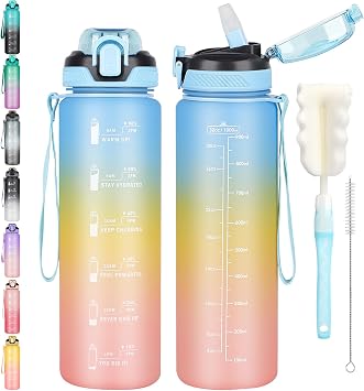 CodiCile 1L Water Bottle with Straw,Water Bottle Dishwasher Safe,Leak-proof Sports Drinks Bottle with Time Maker & Bottle Brush,Non-Toxic for Running,cycling, Gym, School & Office,Blue Yellow Pink