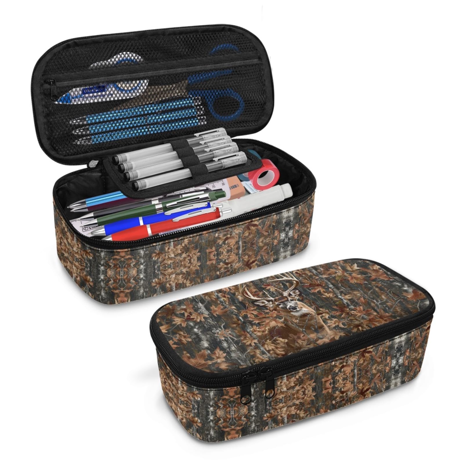 Deer Forest Camo Pencil Case for Kids Large Pencil Pouch for Elementary Boys Girls Pencil Bag with Mesh Pocket Children Pencil Box for Students Teenagers Pencil Container for Study