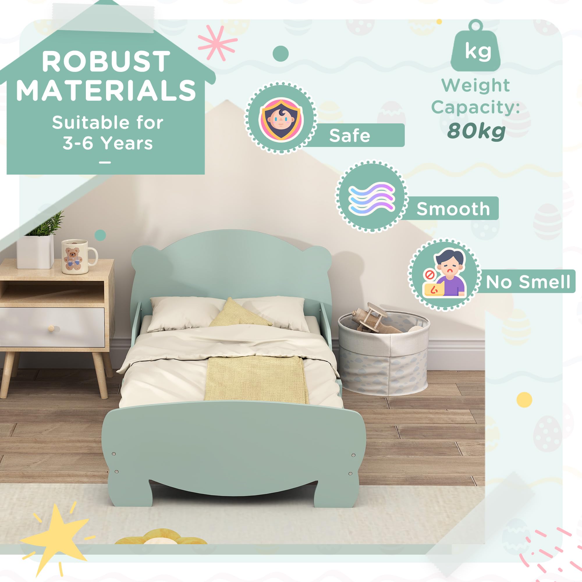 Lit Montessori pour Enfants 3-6 Ans 140x70 cm avec Côtés Anti-Chute et Sommier à Lattes Bois Vert