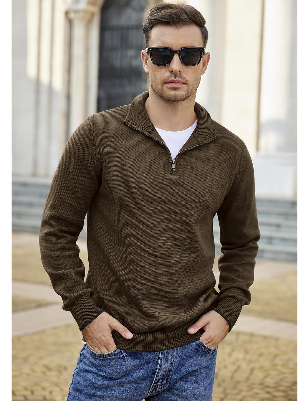 COOFANDY Men's Quarter Zip Up Pullover Slim Fit Lightweight Mock Neck Long Sleeve Sweaters - Image 4