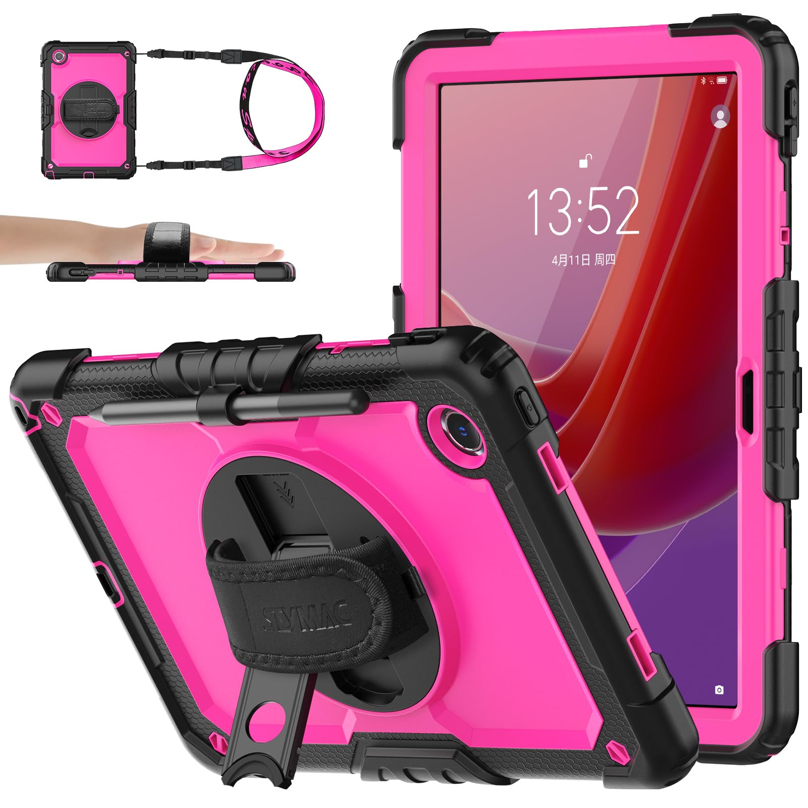 SEYMAC stock Tablet Case for Lenovo Tab M11 (TB-330FU/TB-330XU) 11 inch Drop-Proof Protection Cover with 360° Rotate Stand & Strap [Pen Holder] & Screen Protector/K11/Xiaoxin Pad 2024, Rose+Black
