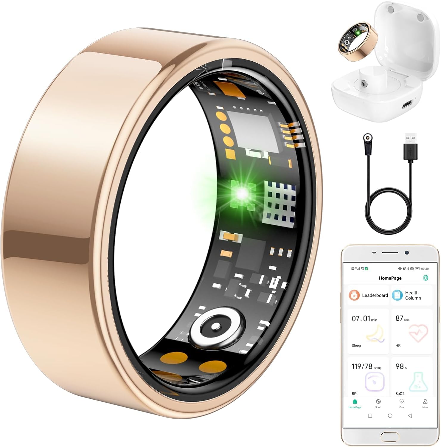 Ring Health Tracker for Women Men, Fitness Ring with Heart Rate,Blood Oxygen,Sleep Monitor,Calories, Step Counter, IP68 Waterproof Smart Ring for iPhone &amp; Android, No Subscription Fee (Rose Gold, 6#