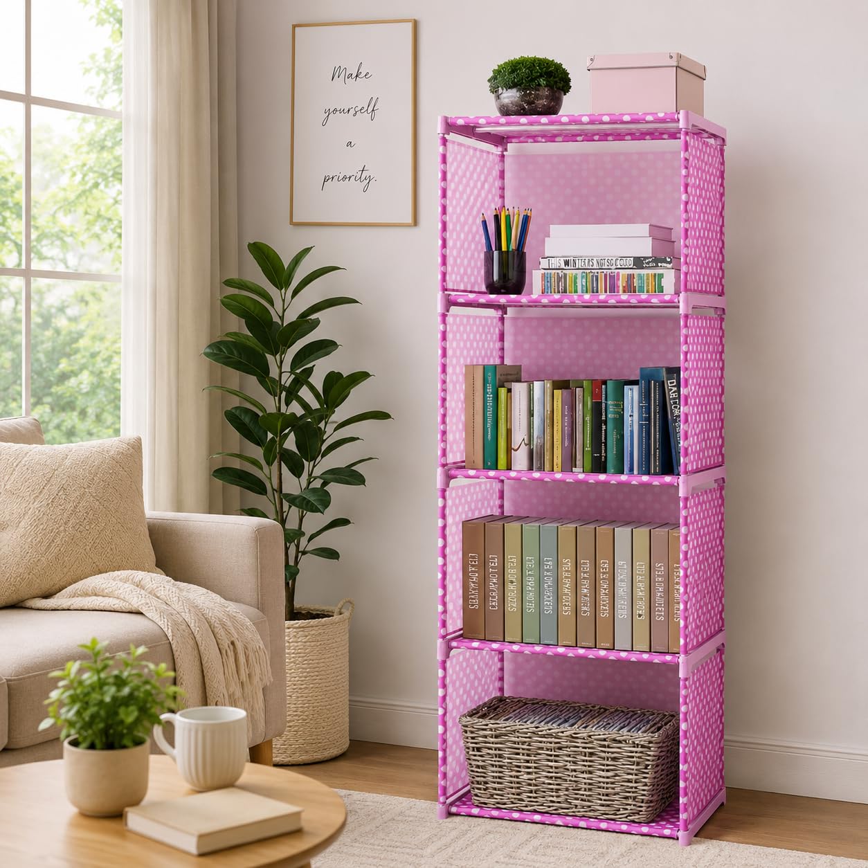 4 Tier Pink Storage Organizer Rack | Multipurpose Non-Woven Shelf for Books, Toys, Clothes & Home Essentials | Space Saving Portable Storage Unit for Kids Room, Bedroom & Living Room-image-30