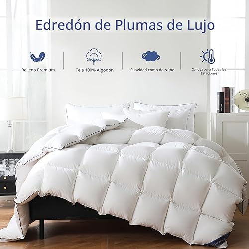 Miniatura 2 de DOWNCOOL Edredón de plumas tamaño King, relleno de edredón esponjoso blanco King con funda ultra suave 100% algodón, edredón de cama de hotel de