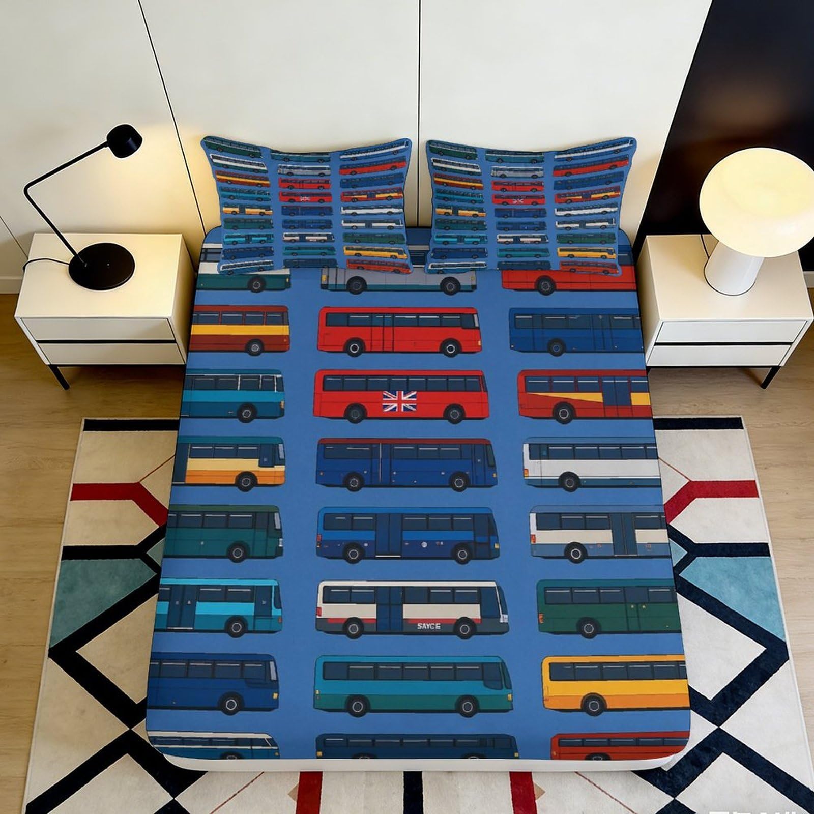 3D Printed Bus Pattern Fitted Sheet Microfiber Deep Pocket Bedroom Bedding Bus Mattress Fitted Cover Soft Washable 140x200x25cm