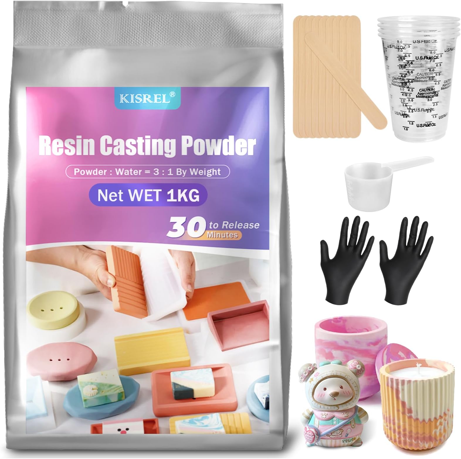 KISREL Resin Casting Powder 1000g, Fast Curing Resin Kit for Beginners, 20~30 Minutes Demold, Water Activated Plaster Powder for Craft Casting, Easy Mixing and Self Leveling