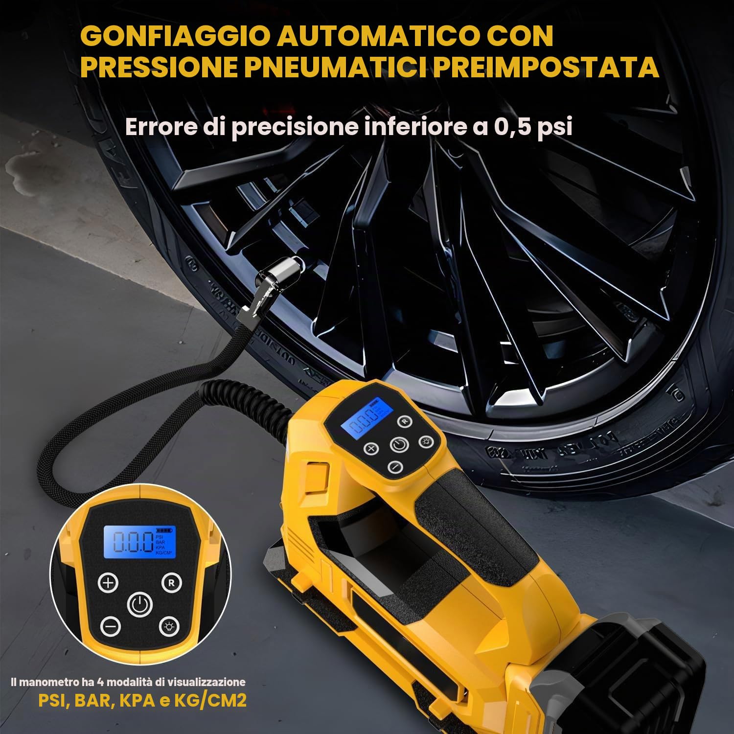 Compressore a batteria per DeWalt 18V (senza batteria), Pompa ad aria portatile a LED con manometro digitale, Compressore elettrico per auto, moto, biciclette, palloni sportivi