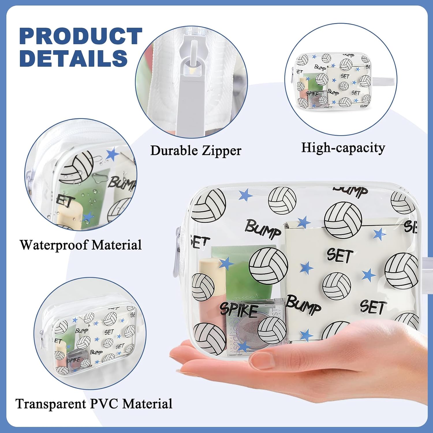 Lebaley 16PCS Volleyball Team Gifts Cosmetics Bag - PVC Clear Portable Makeup Bags Organizer 7 x 5.5 x 1.7 '' Waterproof Sport Zippered Toiletry Carry Pouch for Volleyball Coach Travel Party Supplies - Image 2