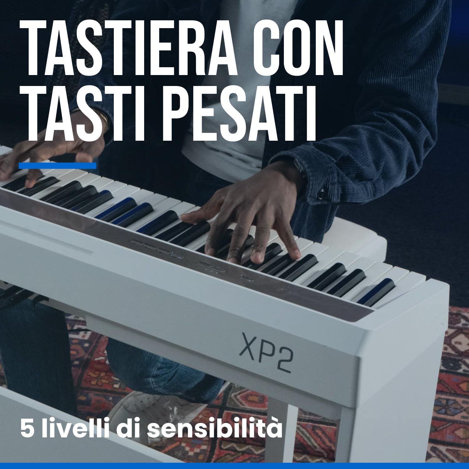 Woodbrass XP2 - Pianoforte digitale portatile bianco Bluetooth – Tastiera realistica a 88 tasti – 189 polifonie, 12 suoni – pianoforte ideale per iniziare e perfezionare