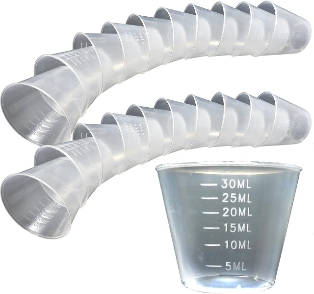 20 x 30ml Plastic Reusable Guided Measuring Cup Tablet Pill Tub Medicine Containers