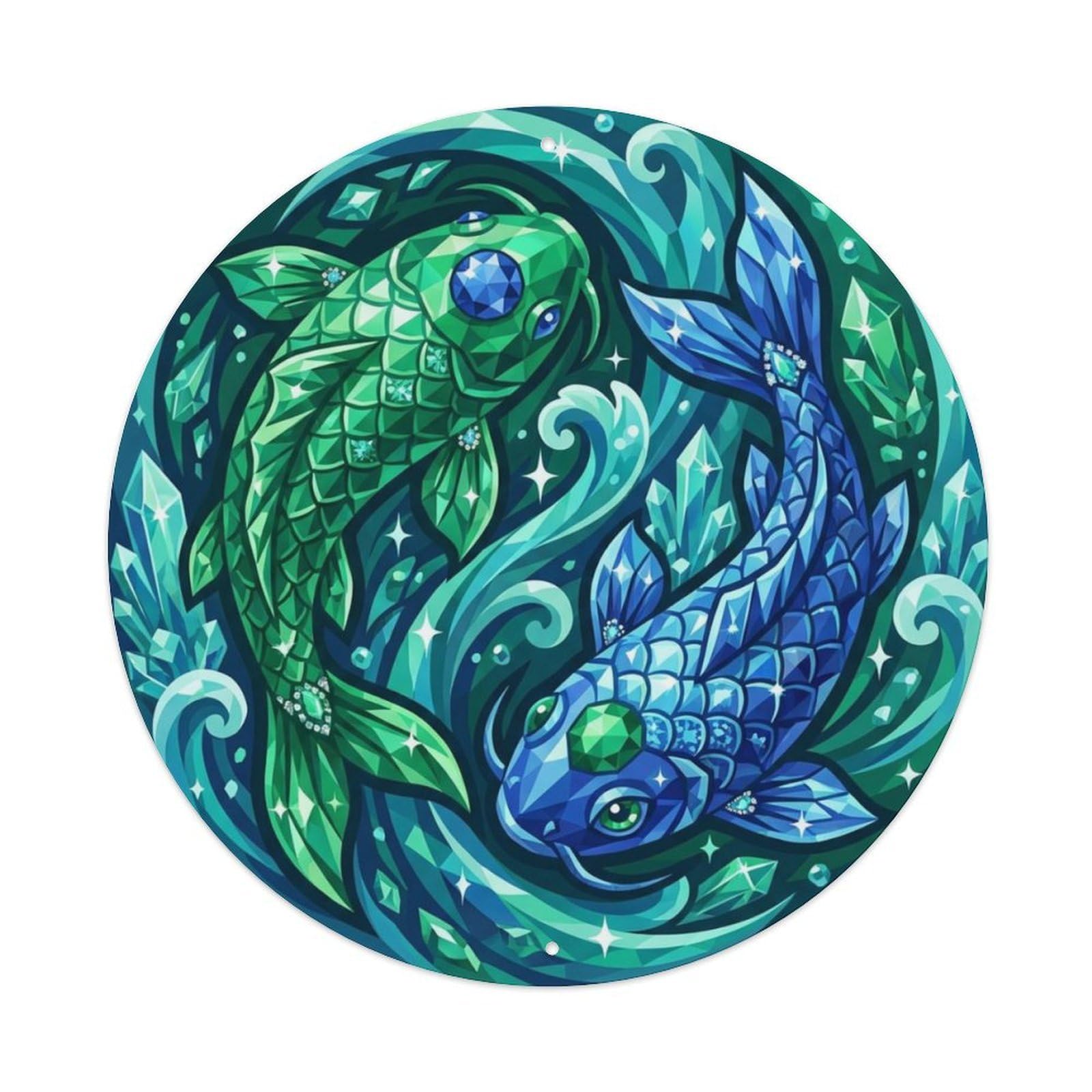 Tgrcjimh Style Metal Tin Sign Tai Chi Koi Fish Emerald Sapphire Gemstone Jewel Crystal