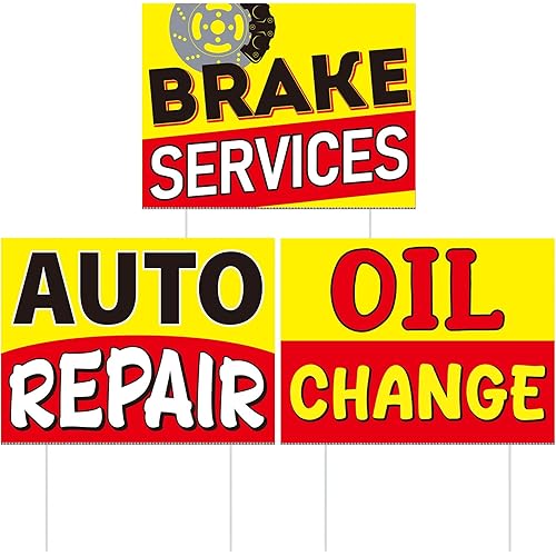 3 Set Auto Repair Shop Oil Change Brake Service Yard Sign 15.8 x 11.8 ft with Ground Stake for Business Automotive Service Brake Oil Change Banner Yard Signs Set for Auto Repair Shop Supplies