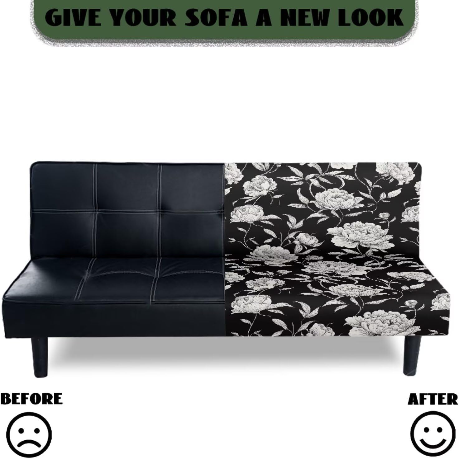 Futon Cover Washable Stretch Armless Sofa Cover Futon Slipcover Without Armrests Stain-Resistant Furniture Protector for Folding Sofa Bed Decor, Flower Black