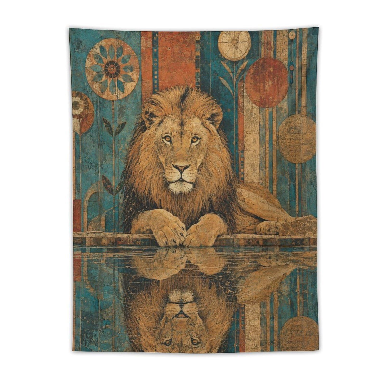 W7C8U2X3 Lion Reflection Wall Tapestry, Realistic Illustration, Entryway