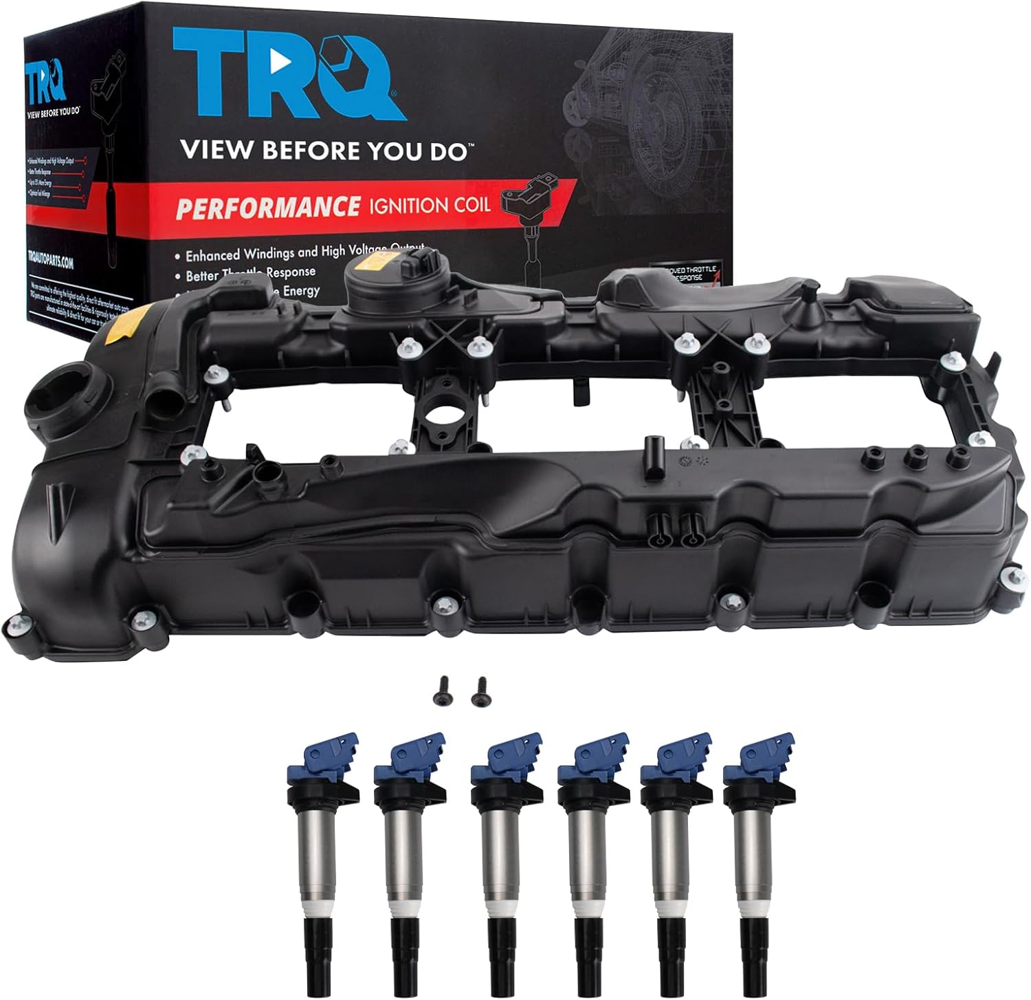 TRQ Ignition Coil Kit 7 Piece Valve Cover Compatible with 2010-2019 BMW 135i 135is 335i 335xi 535i GT 535xi 640i 640xi Gran Coupe 740i 740Li ActiveHybrid 3 5 7 M2 M235i M235i xi X1 X3 X4 X5 X6