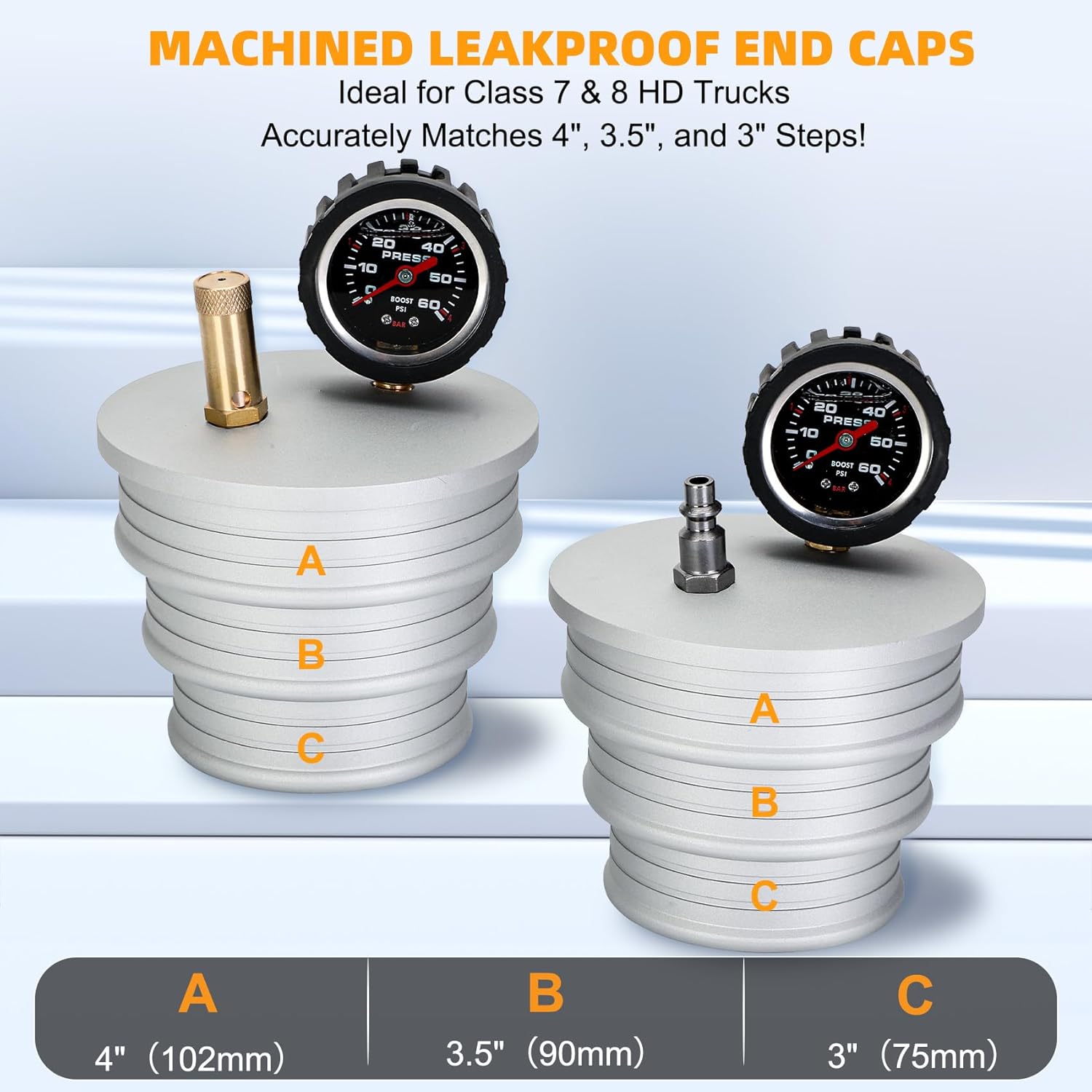 Charge Air Cooler CAC Boost Leak Tester 3", 3.5", 4" Steps, 6061 Aluminum End Caps with Anti-Slip Grooves, 150 PSI Regulator and 5ft Hose, US & EU Air Fittings for Semi-Trucks, Tractors, Machinery