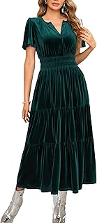 R.Vivimos Women's Fall Winter Vintage Velvet Dress Short Sleeve V Neck Elastic Waist Tiered Ruffle A-Line Elegant Maxi Dress