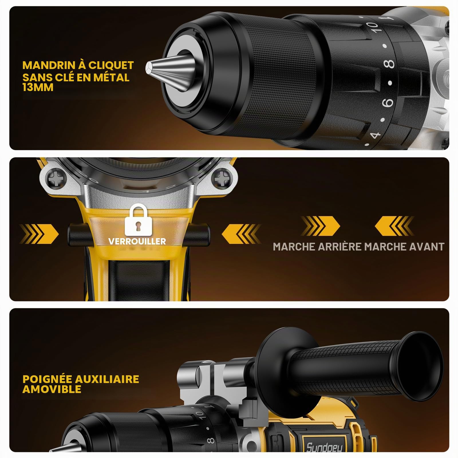 Sundpey Perceuse Visseuse Percussion Sans Fil 21V - Max 2150RPM Brushless Visseuse Devisseuse Sans Fil avec 2 Batteries 4.0Ah, 20+3 Réglages de Couple, 13mm Mandrin, 2 Vitesses, Led, pour Bricolage