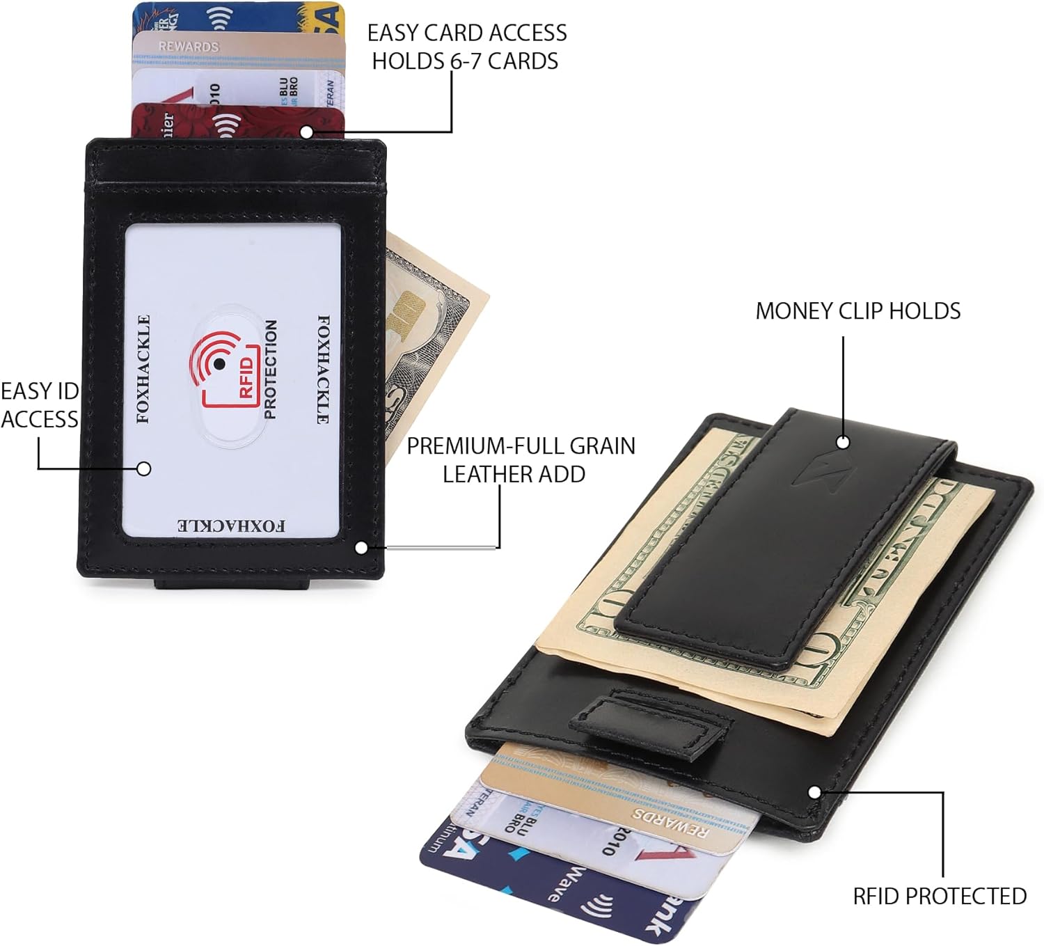 FOXHACKLE Slim Minimalist Leather Wallet with Magnetic Money Clip Front Pocket Credit Card Holder for Men and Women