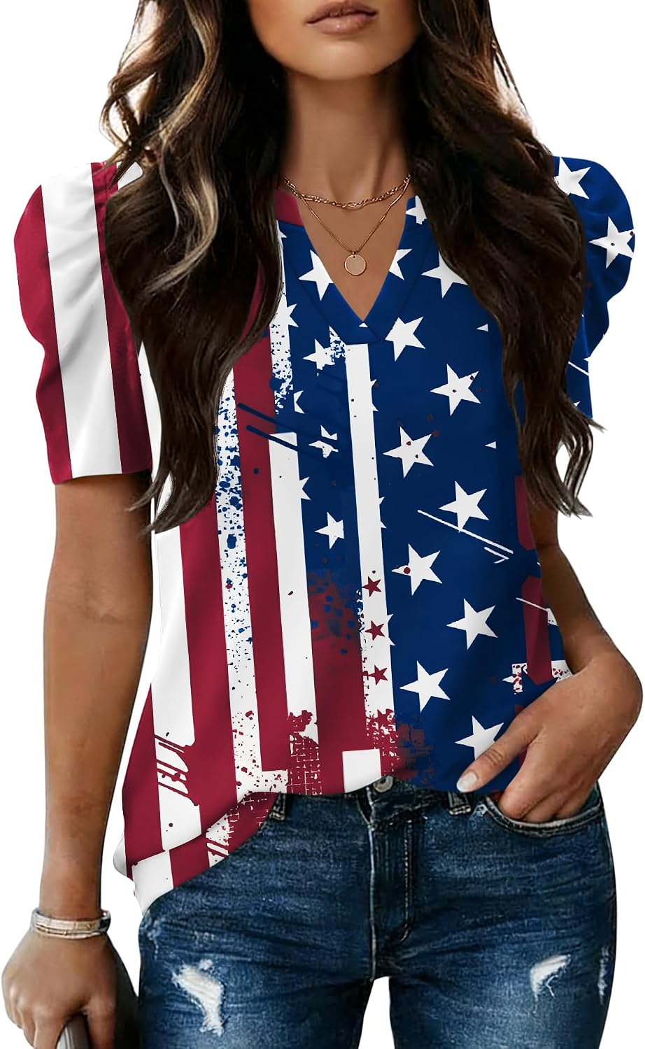 LOMON Spring Summer Tops for Women 2026 V Neck Puff Short Sleeve Tops Fashion Trendy Work Blouses Dressy Casual S-XXL