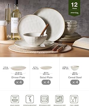 Richmount Ocean 12 Piece Dinner Set, Stoneware 3D Wave Relief Irregularly Shaped Plates and Bowls Set, Reactive Glaze Dinnerware Sets for 4, Dishwasher & Microwave Safe, Stylish & Durable, Beige