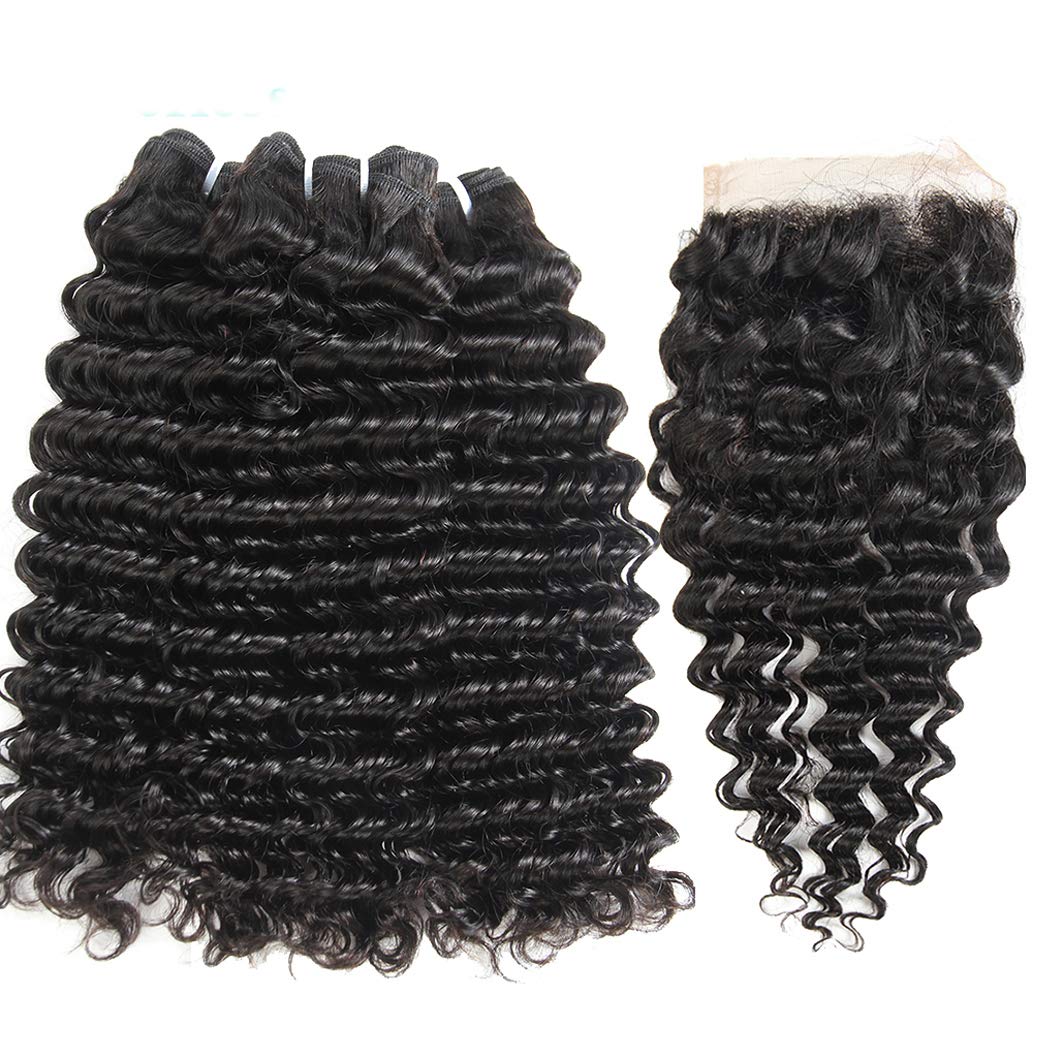 12A Human Hair Bundles with Closure Deep Wave Bundles 10 12 14+10 Inch 4x4 HD Lace Closure Water Wave Wet and Wavy 100% Brazilian Virgin Deep Curly 3 Bundles Human Hair Bundle for Women 70g/bundle - Image 2
