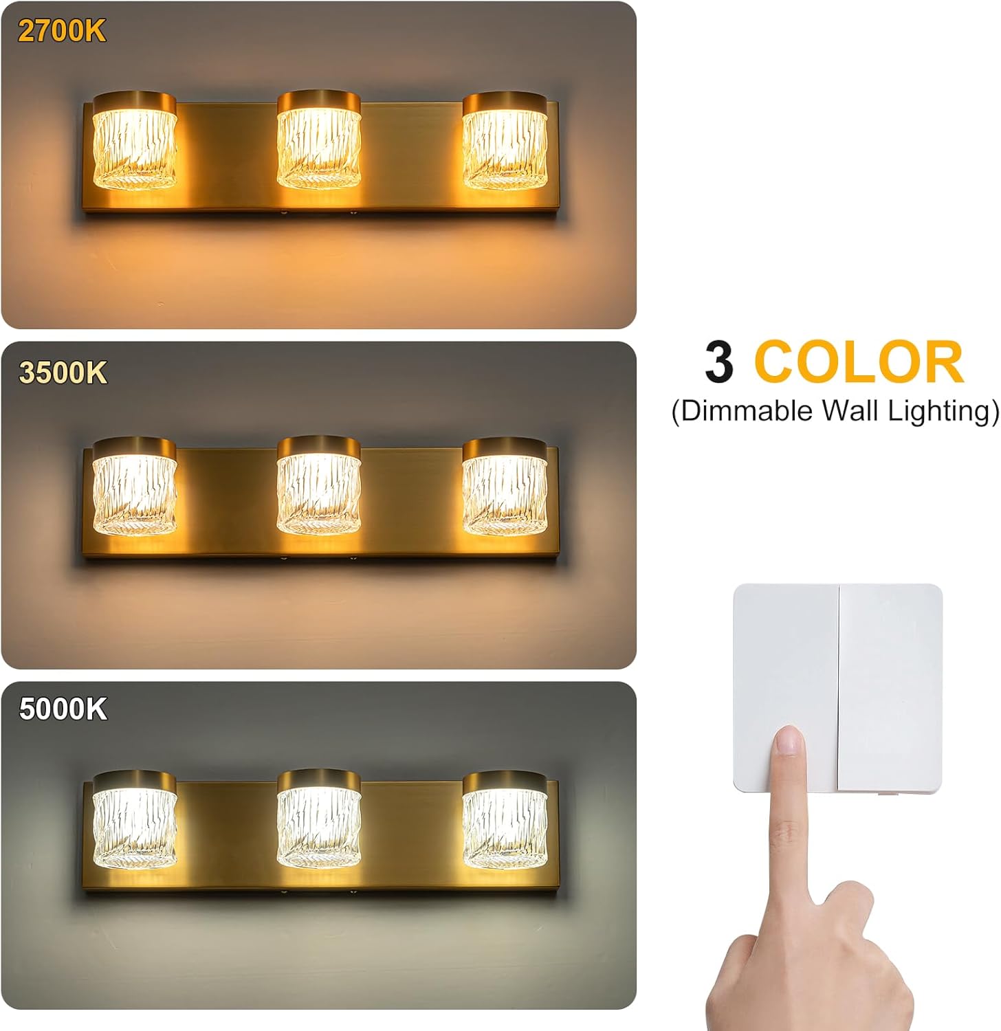 3 Light Bathroom Vanity Light, Vanity Lights For Bathroom, Gold Led Bathroom Light With Striped Glass Lampshade, Modern Bathroom Light Fixtures For Bedroom, Living Room, Hallway, Porch, 3 Color Mod